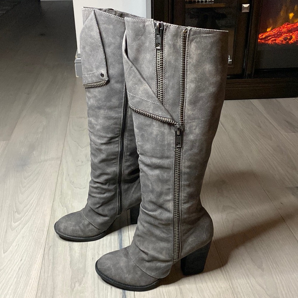 Not Rated Gray Suede Knee-High Heeled Boots
